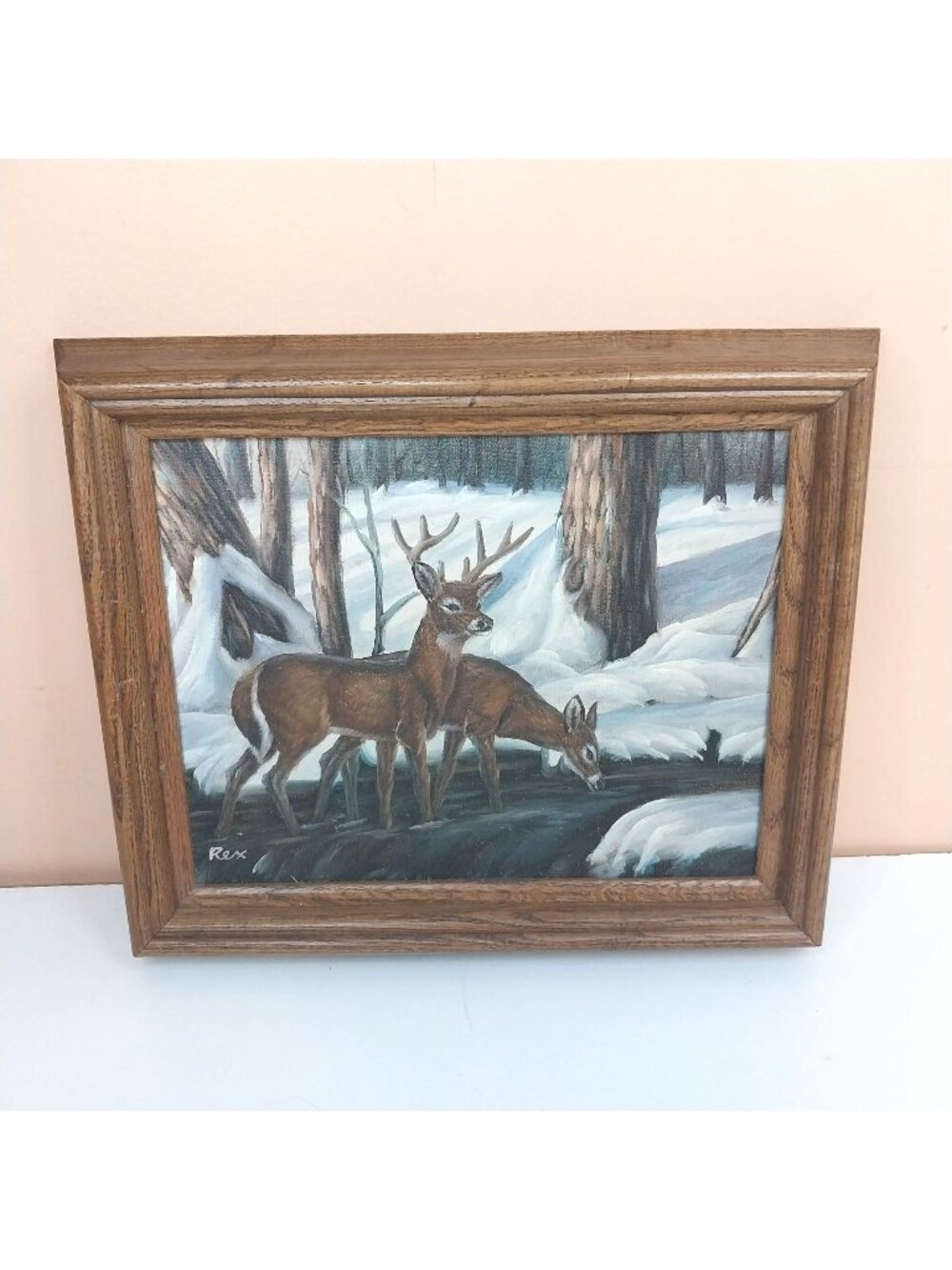 Bevel Framed Winter Forest Oil Painting With Deer Signed By Rex Hunting Lodge